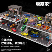 1:64斜坡带灯停车场地下车库微缩场景模型拼装车位摆件适用多美卡