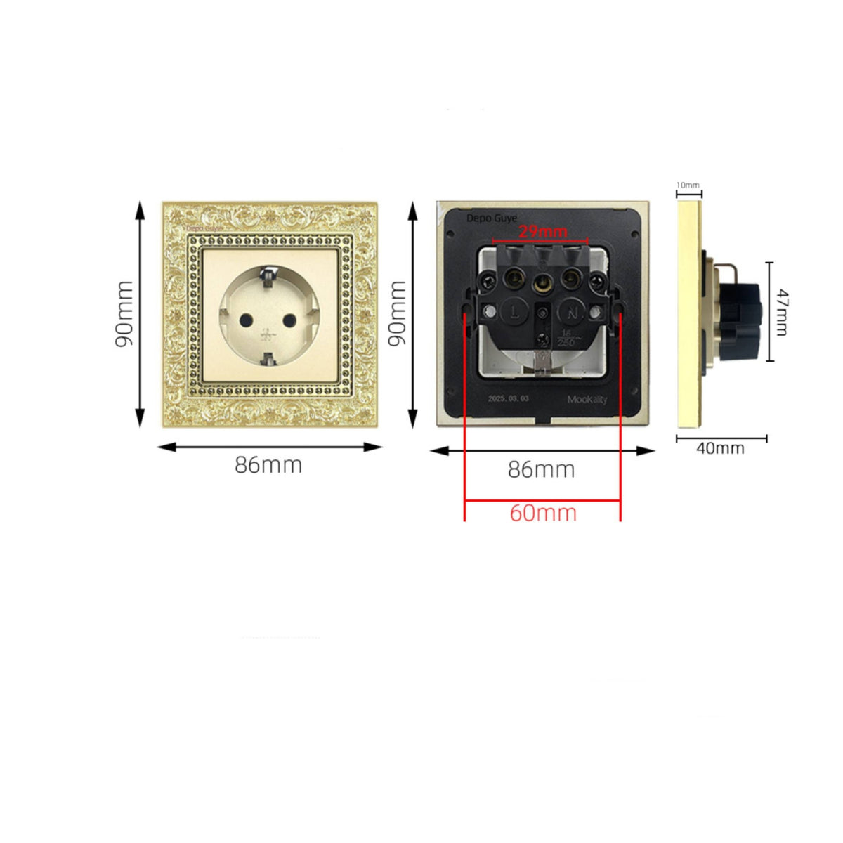 Decorative Socket with Faceplate Vintage Three-Pin Socket Retro Outlet Panel Ornate for Living Room, Bedroom, Hotel, Cafe