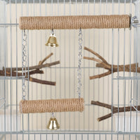 Parrot Swing with Claw Grinding Perch and Rope Perch, Striped Solid Lumber Feathered Cage Accessory with Bells for Parrot Parakeet, 138 Characters