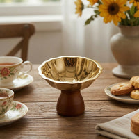 Fluted Dessert Bowl with Wooden Base Food-Grade Scalloped Dessert Cup Natural Stainless Steel Bowl with Wood Base Multipurpose for Parties