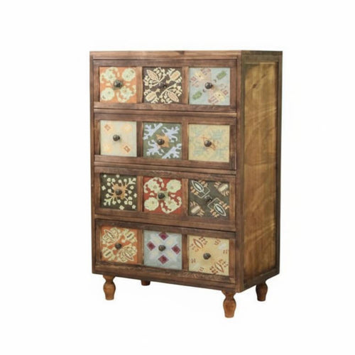 Solid Wood Build Multi-Drawer Accent Chest Vintage Design Patterned Front Dresser Decorative Design Storage Furniture Sturdy Construction for Interior Decorators, Homeowners, Renters, Living Room, Bedroom, Hallway, Entryway