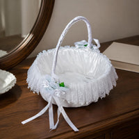 White Lace Flower Girl Basket Ribbon Bow Party Decor Handmade for Children
