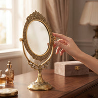 Vintage Brass Mirror with Pedestal Base Ornate Oval Vanity Mirror with Stand Gold-Toned Adjustable for Dressing Table, Bedroom