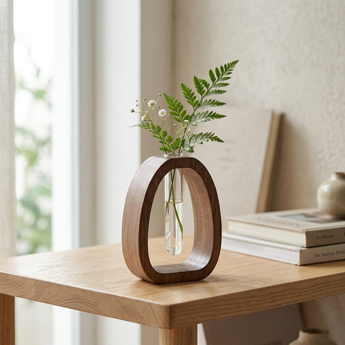 Walnut Wood Test Tube Vase Tabletop Wood and Glass Vase for Desk