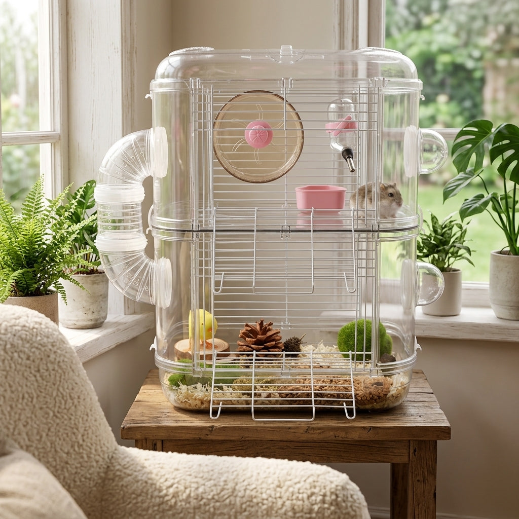 Multi-Layer Hamster Cage with External Tubes, Transparent Acrylic 3 Tier Structure, Deluxe Enclosure for Syrian Hamsters Includes Accessories