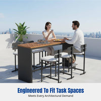 2 Pieces Weatherproof Aluminum Outdoor Bar Stool and High Table Set with Timeless Aluminum and Teak Structure Comfortable Seating Functional Style Suitable for Home Patios Outdoor Bars Gardens