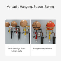 Wall-Mounted Sports Ball Rack, No-Drill, Multi-Peg Organizer