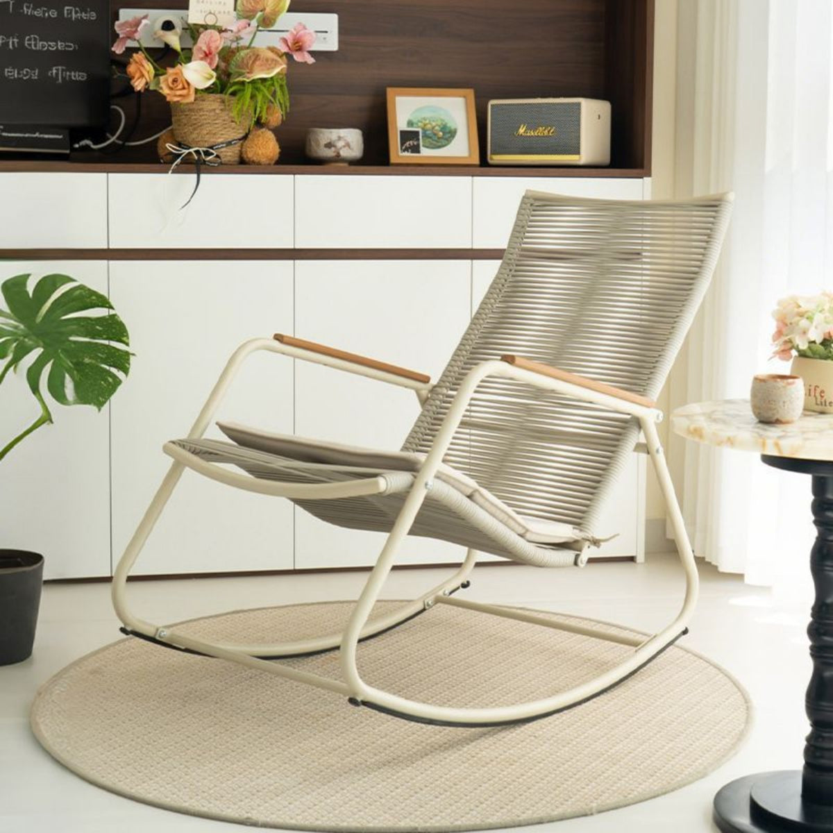 Woven Basket swaying chair Rocking Design paddinged oval Chair Indoor & outdoorsdoor Use Patio Seating for Seniors, Homeowners, Balcony, Living Room, Backyard