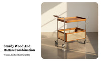 Dual-Level Rattan Trolley Vintage Aesthetic Mobile Side Table Woven Shelves Space-Saving for Hosts, Living Room, Bedroom
