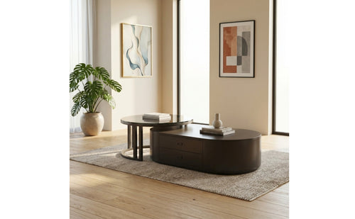 Low-Profile Nesting Coffee Table with Drawers Contemporary Oval Coffee Table with Storage Multi-Functional Versatile for Living Room