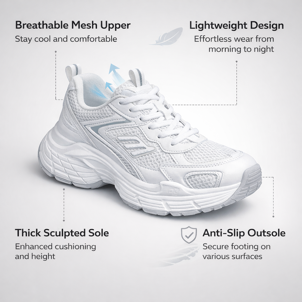 Walking Shoes for Women with Chunky Sole and Thick Heel, Plus Size Sneakers up to 43, Split Leather Trainers for Daily Wear