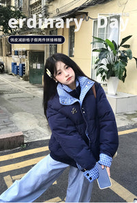 棉衣女款爆款2025新款小个子冬季美式格子棉服潮牌宽松面包服外套