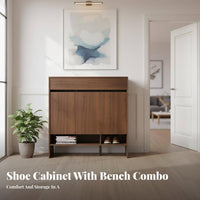 Shoe Storage Bench Walnut Finish Entryway Cabinet Multi-Functional Design High Weight Capacity for Homeowners, Adults, Foyer