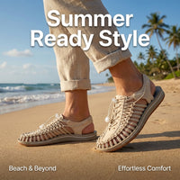 Plus Size Braided Sandals Women's Casual Daily Wear Fisherman Shoes, Solid Color Round Toe Ankle Strap, Microfiber Upper, Rubber Sole