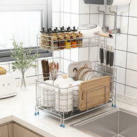 Extendable Dish Rack with Knife Block, 304 Stainless Steel Double Layer Design, Light Luxury Style Over the Sink or Countertop Kitchen Storage