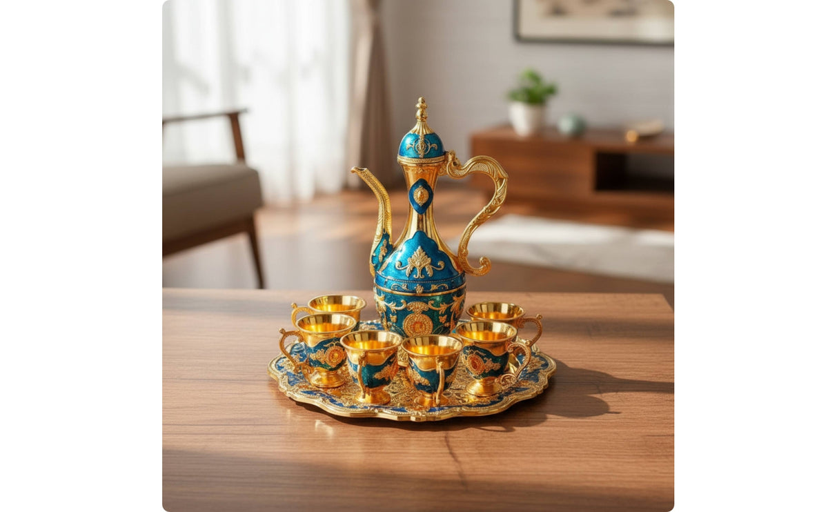 Tea Service Set with Tray Embossed Tea Set with Tray Vintage Tableware for Home Decor