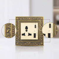 Ornate Universal Socket with Floral Border Gold-Toned Retro Wall Outlet Embossed Hardware Zinc Alloy for Interior Designers, Homeowners, Home Renovation, Villas, Hotels