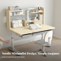 Adjustable Child's Study Table Set Ergonomic Student Study Station Writing Desk with Hutch Height Adjustable Children's Furniture Sturdy Steel Frame with Engineered Wood Suitable for Gift Giving Home Decoration Learning