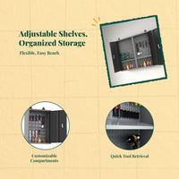 Lockable cabinet with adjustable shelves.