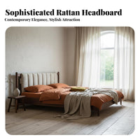 Rattan Headboard Bed Retro Design Woven Cane Headboard Bed No Box Spring Needed for Guesthouse Managers, Apartment Dwellers, Hotel, Guest Room