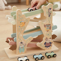 Wooden 4-Track Inertia Glider Car Toy for Toddlers
