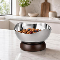 Modern Serving Bowl with Wooden Base Food-Safe Wavy Stainless Steel Bowl Rustproof Contemporary for Coffee Tables