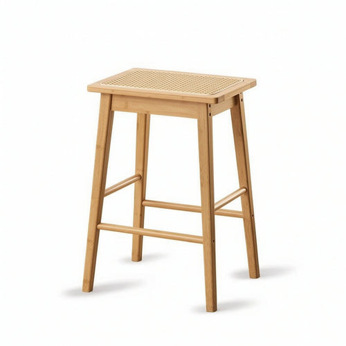 Bar Stool with Cane Seat Rectangular Cane Stool Retro Barstools for Kitchen Island