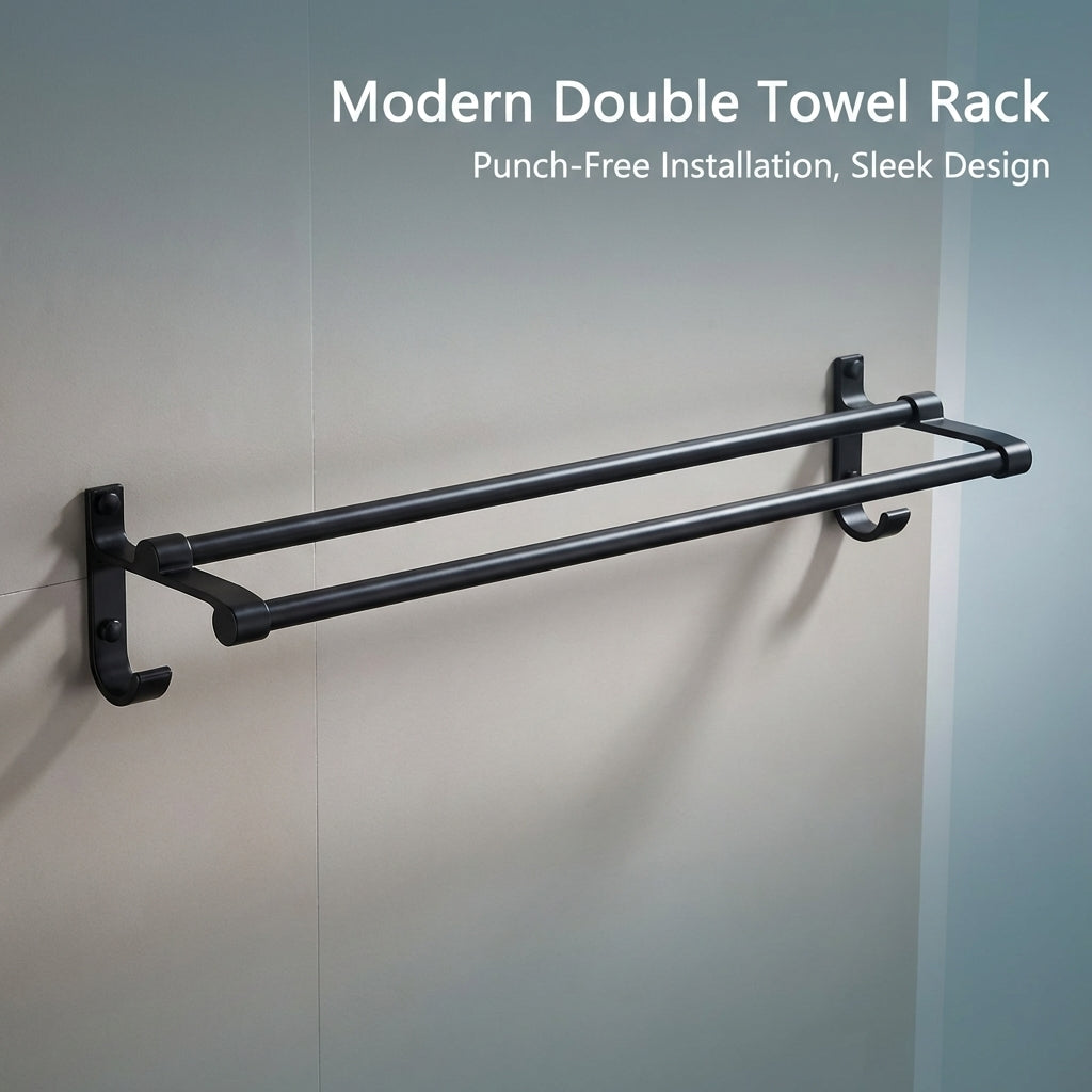 Towel Bar and Bath Holder for Washroom Organization, Wall Mounted Kitchen Rack with Hooks for Travelers, Aluminum Alloy Construction