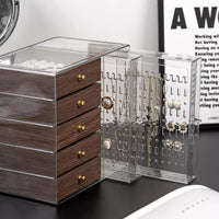 5-Layer Acrylic Jewelry Box with Walnut Wood Grain and Hanging Racks