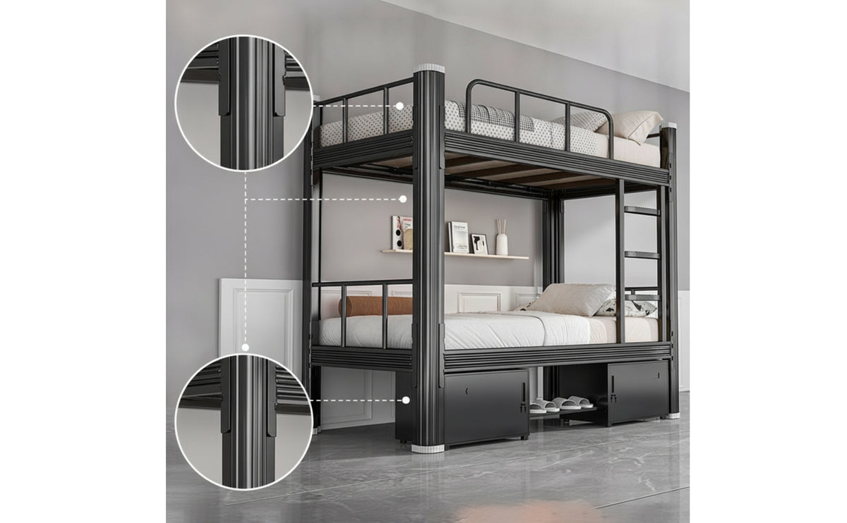 Metal Bunk Bed with Storage Heavy Duty Bunk Bed with Cabinets Space Saving Furniture for Students, Dormitory, Employee Housing, Compact Bedroom