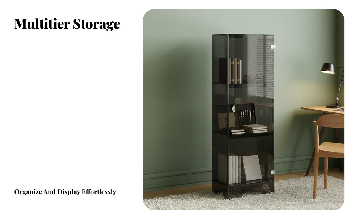 Dust-Proof Multi-Tier Bookcase with Doors Optional LED Lighting Tall Shelving Single-Tier with Doors Modern Design Display Cabinet Sturdy Construction for Book Lovers, Office Workers, Living Room, Bedroom, Library, Kitchen