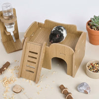 Hamster Wooden Villa with Multi-Chamber Layout, Square Syrian Hamster Hideaway Featuring Stairs and Openings