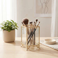 Gold-Tone Makeup Brush Holder Elegant Cosmetic Organizer Vintage Holder with Metal Frame Versatile for Vanity, Dressing Table