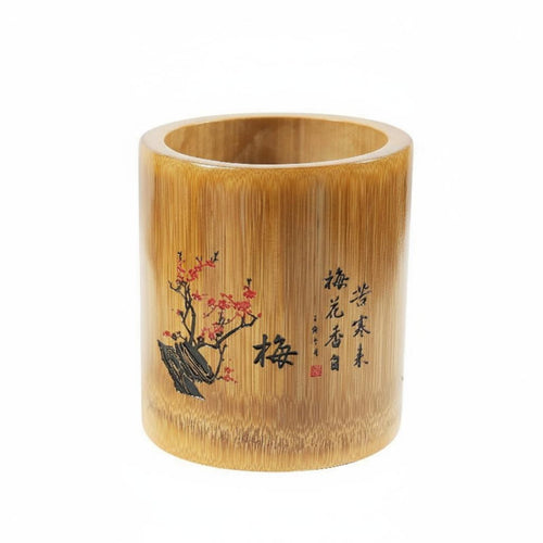 Bamboo Pen Holder Carving Round Bamboo Organizer Versatile Chinese Design Stationery Holder for Calligraphers, Artists