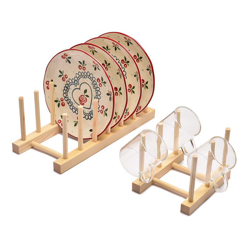 Wooden Dish Rack Kitchen Bowl and Plate Rack Creative Cup and Plate Stand Commercial Tea Cake Display Storage Rack