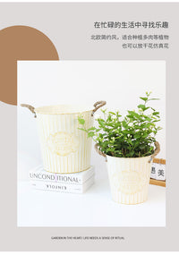 复古做旧白色铁皮花盆麻绳双耳铁手铁艺花桶鲜花绿植装饰套盆批发