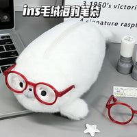 圆滚滚眼镜海豹笔袋可爱毛绒玩偶高颜值立体ins学生文具收纳笔袋.