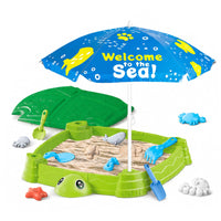 Kids Waterfall Play Table with Umbrella and Sand Basin, Indoor Outdoor Toy