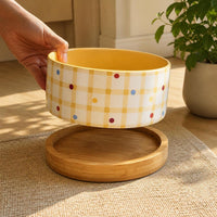 Ceramic Pet Bowl with Wooden Stand for Cats and Small Dogs, Anti-Tip Food and Water Dish