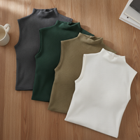 Women's Thermal Ribbed Half-High Collar Vest with Built-in Bra and Fleece Lining