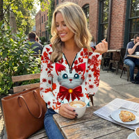 women's Zip Neck Top Holiday Themed Quarter-Zip Pullover Stand Graphic Print Shirt for Adults, Athletes, Daily Wear, Travel, Outdoor Activities
