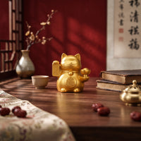 Welcoming Cat with Prosperity Ingot Brass Tabletop Auspicious Cat for Business Owners, Collectors, Cashier Counter, Office Desk