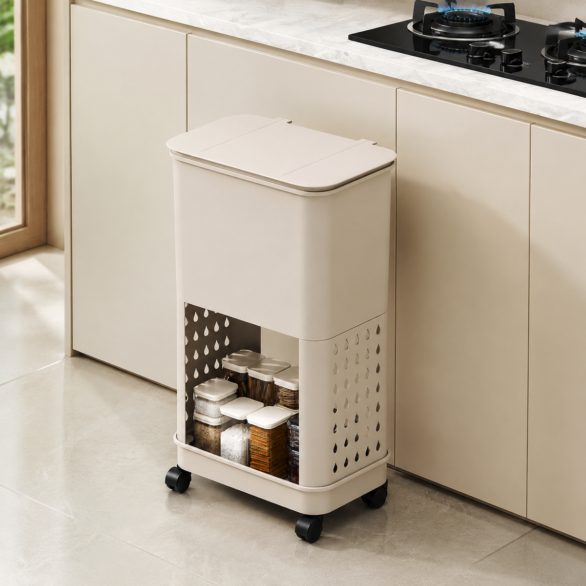 Kitchen Wagon, 3-Tier, Wagon with Casters, Plastic, Matte Cream Color, Kitchen Storage