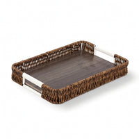 Wood Serving Tray with Handles Flat-Base Woven Rattan Style Tray for Breakfast