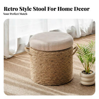 Antique design and aesthetic Round Woven Top Stool sturdy Wood Frame Low Backless Seat Multi-Functional Small Bench adaptable for Adults, Families, households, Living Room, Entryway, Bedroom, Balcony