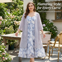 Wedding Guest Dress and Jacket Set for Women with Floral Print, Plus Size Backless Ruffle Two Piece with Cardigan, Extended Sizing