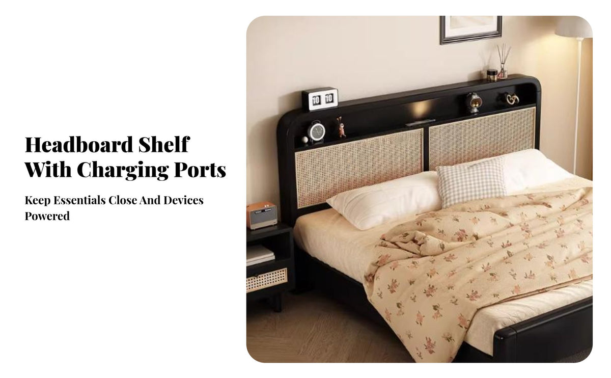 Rattan Panel Bed Frame Wabi-Sabi Aesthetic Woven Cane Bedstead Vintage Design Bedroom Furniture for Homeowners, Apartment Dwellers, Guest Room, Home