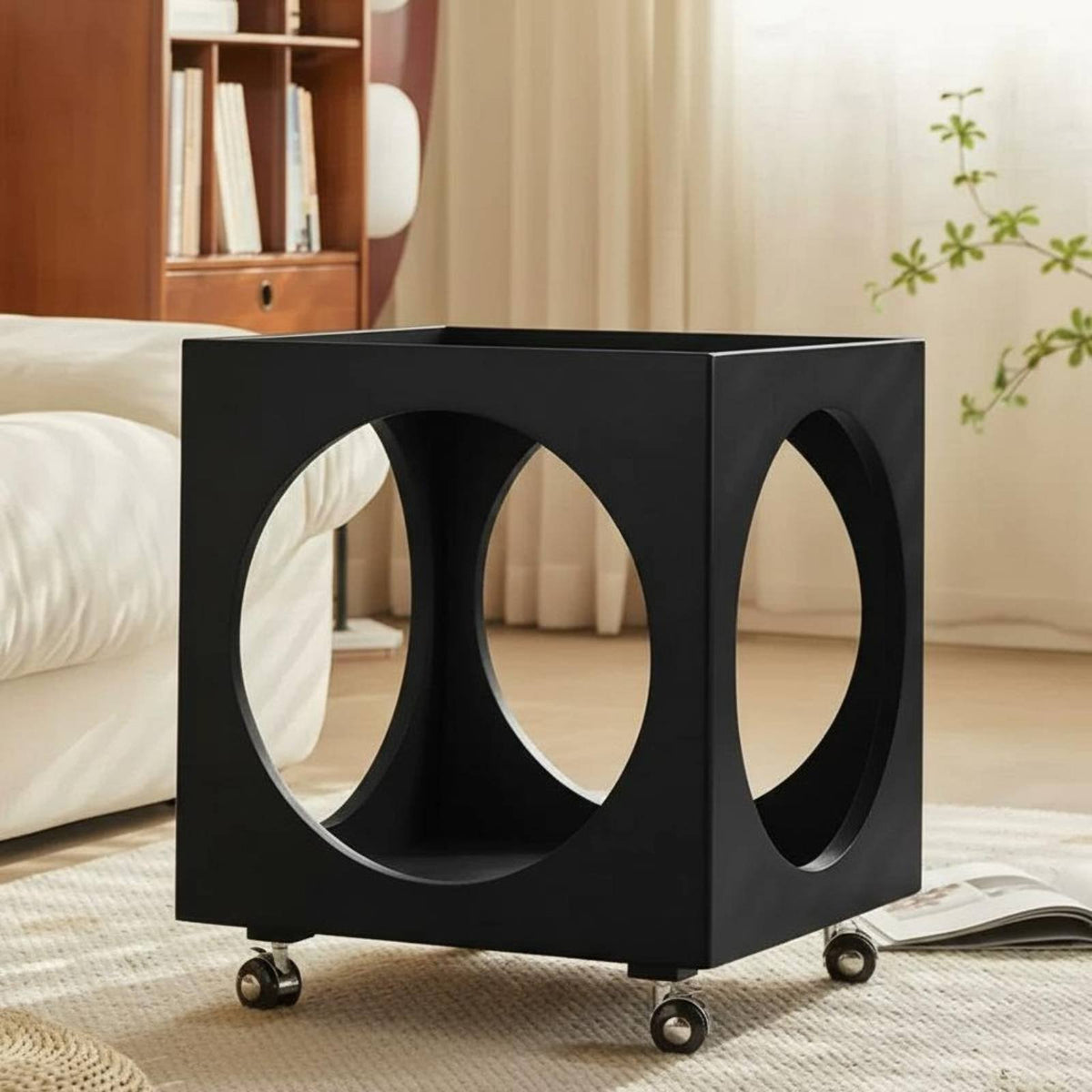 Wheeled Cube Table with Cutouts Sturdy Construction Household Furniture