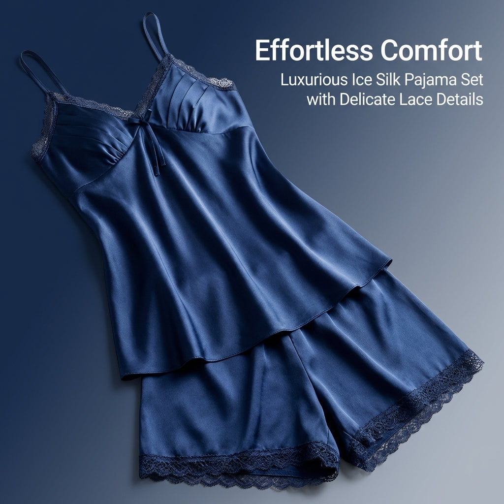 Pajamas For Young Women, Luxurious Ice Silk Loungewear Nightwear Set, extremely-Thin And Breathable Short For Relaxing, Imitation With V-Neck Design