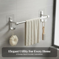 Drillno-Drill Installation Double Bar Towel Hanger with Hooks Wall Mounted Double Towel Rod Rust Resistant Bathroom Rack Space-Saving for Homeowners, DIY Enthusiasts, Restroom, Laundry Room, Kitchen, Closet